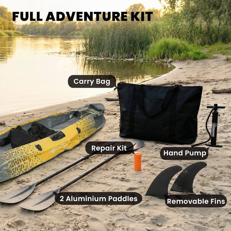 image 1 of Outsunny 2.5' Inflatable Kayak 2-person Sit on Canoe with Paddles | Grey | Yellow, Grey | 381 x 94 x 40 cm