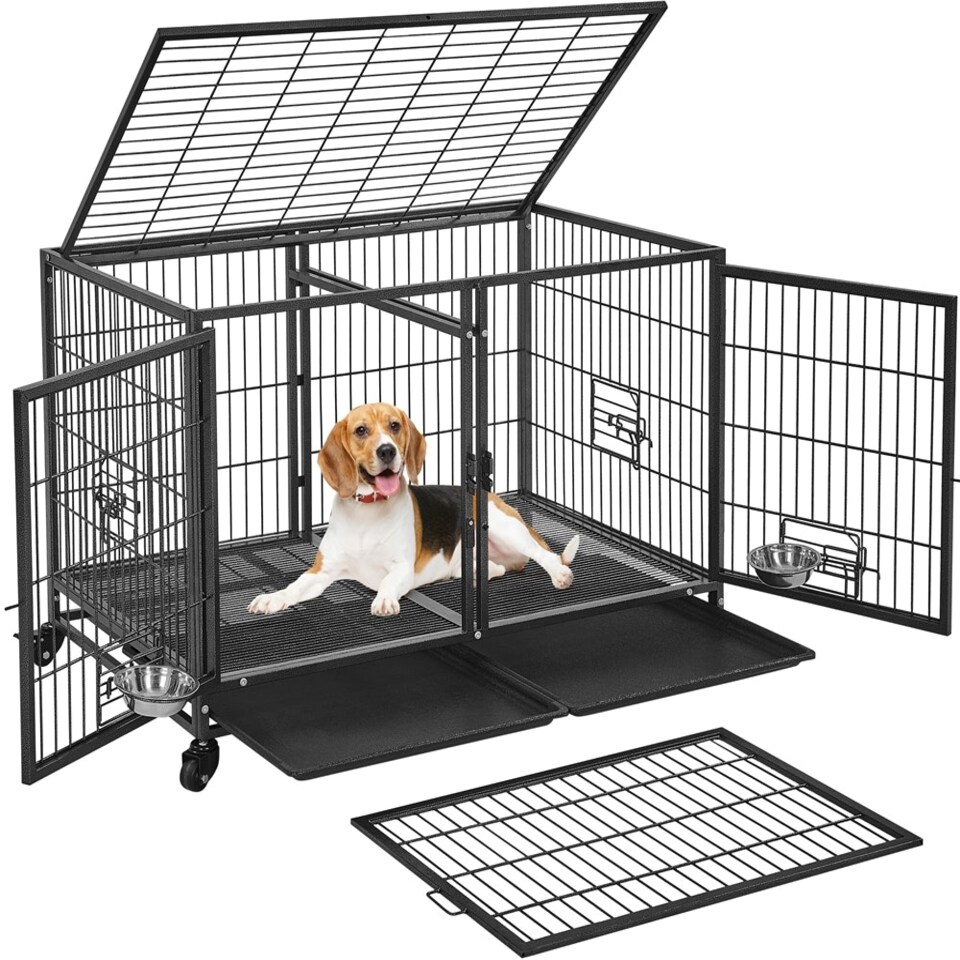 image 1 of Yaheetech 108 cm W Rolling Dog Crate W/ Divider Black