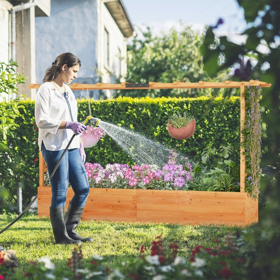 image 1 of COSTWAY Raised Garden Bed Planter Box w/2-Sided Trellis Orange