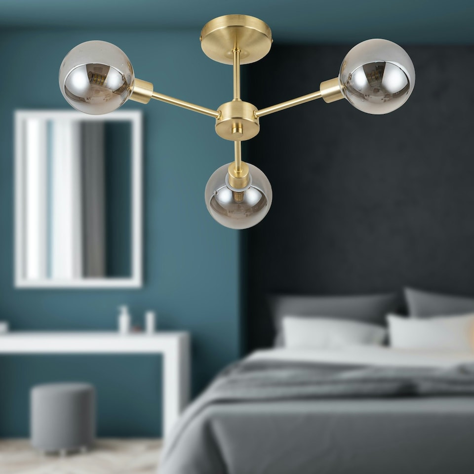 image 1 of First Choice Lighting Set of 2 Toner Satin Brass with Smoke Glass Globes 3 Light Flush Ceiling Lights Bronze | Grey