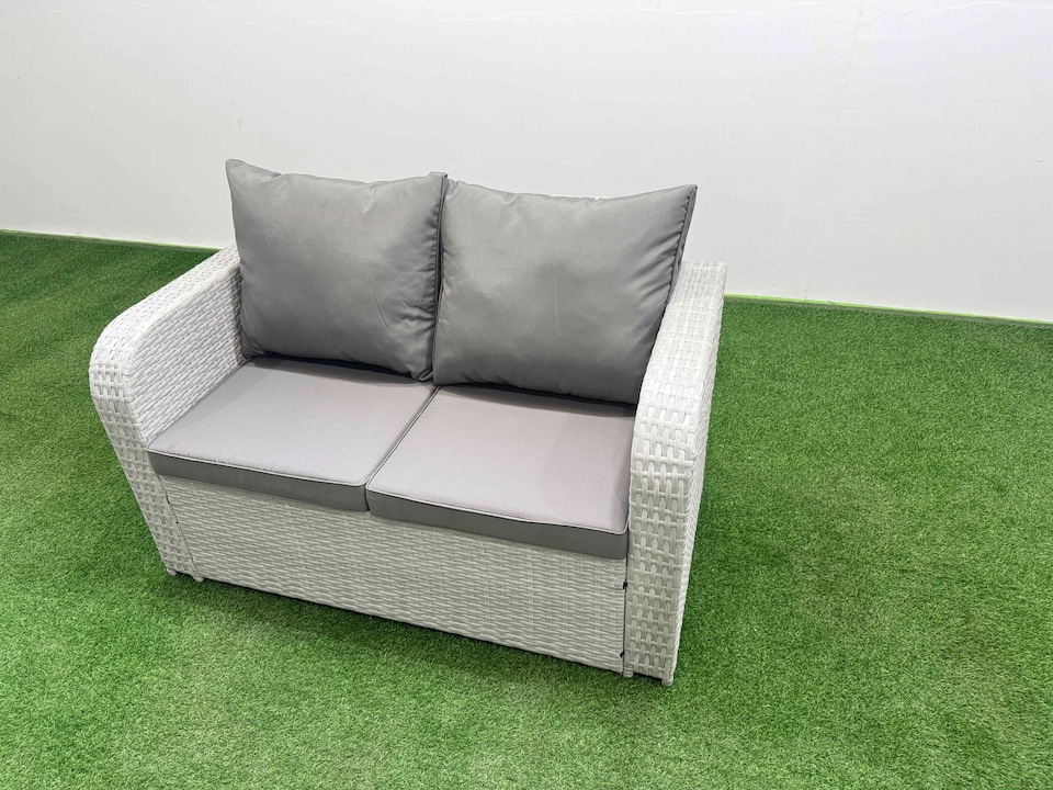 image 1 of Fimous High Back Poly Rattan Garden Furniture Set with Reclining Chair Loveseat Sofa Rectangular Dining Table Indoor Outdoor Patio  Set Side Table Light Grey