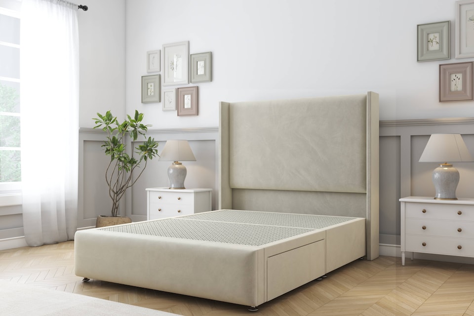 image 1 of Sloomy Stratford Cream Plush Divan Bed Base 2 Drawers Foot-End With 54 Inch Wingback Headboard & 12 Inch Matching Footboard | Cream | Cream | Super King | 1