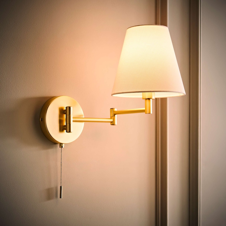 image 1 of ValueLights Sonia Pair Gold Swing Arm Wall Lights Taper Shade | Gold
