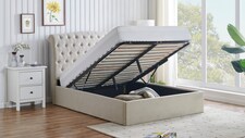 5ft King Size Ottoman gas liftup storage bed frame,fabric upholstered, natural beige,buttoned back,curved bed frame,bedstead