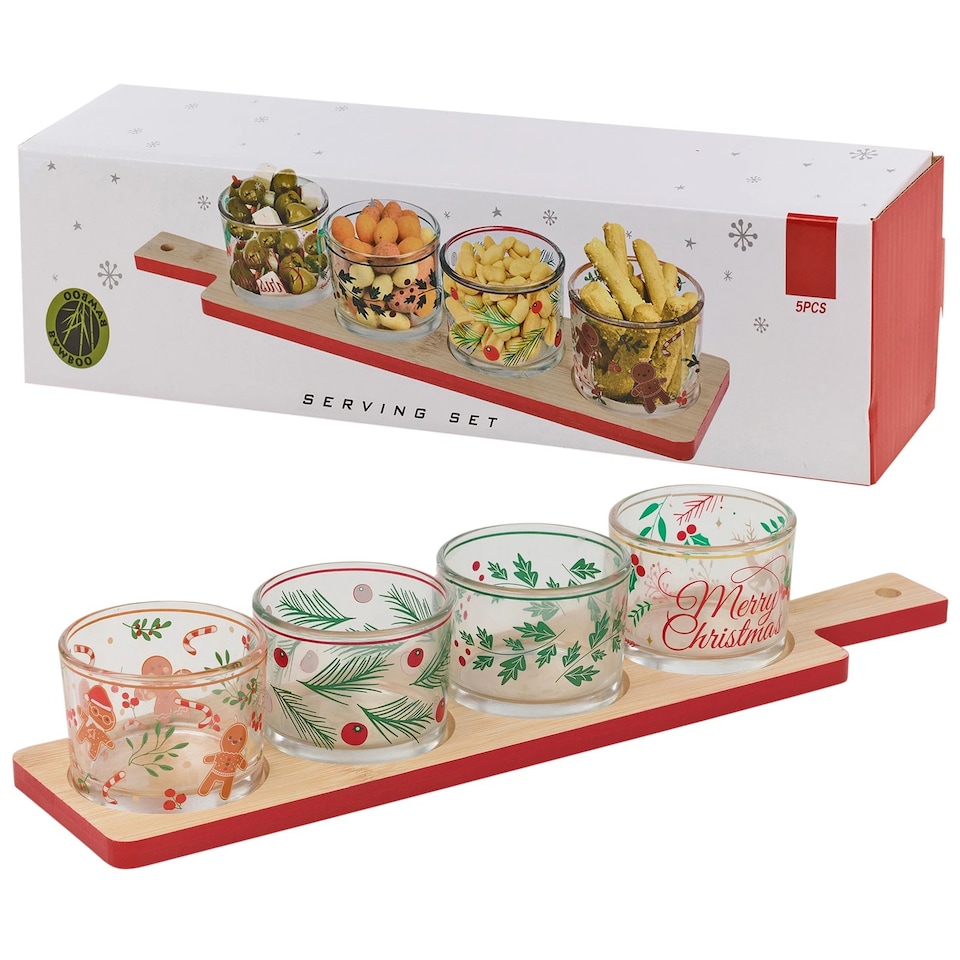 image 1 of 5Pc Decorative Christmas Serving Set Bamboo Tray Festive Glass Serving Bowl Gift