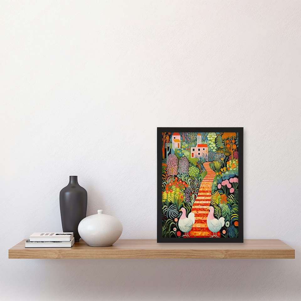 image 1 of Lush Garden Path Hens Colourful Blooms Home Decor Black Framed Wall Art Print A4