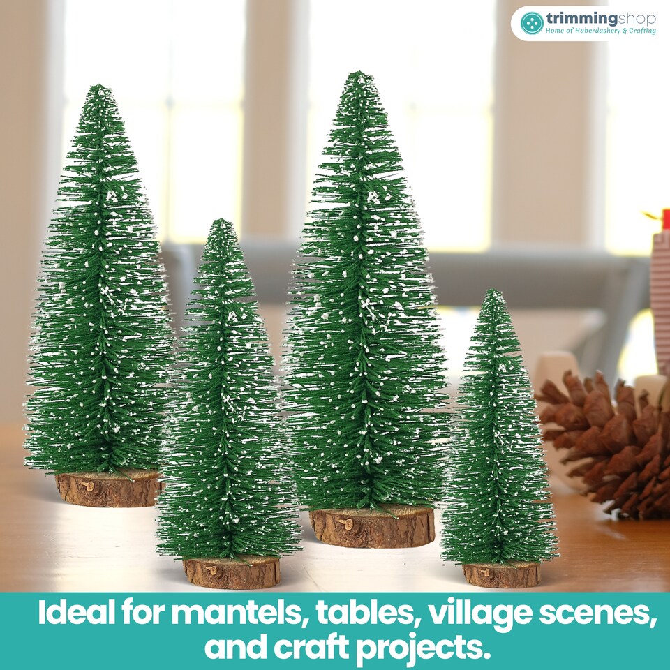 image 1 of Miniature Christmas Trees with Wooden Base for Xmas Village - 4pcs