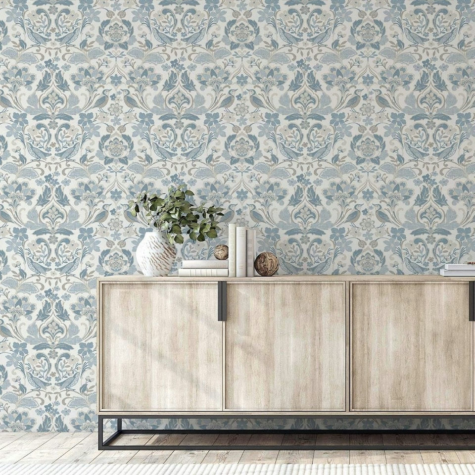 image 1 of World Of Wallpaper Folk Floral Textured Wallpaper - Soft Blue - 10m x 53cm Blue