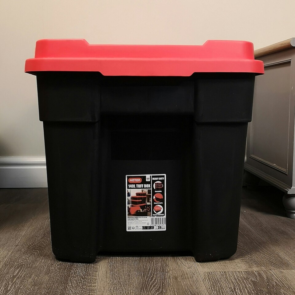 image 1 of 140L Black and Red Tuff Stackable Storage Box with Lid and Carry Handles Black