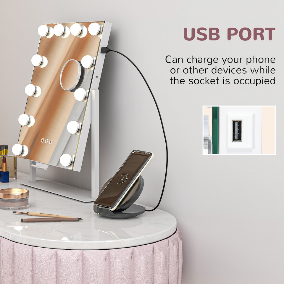 image 1 of HOMCOM Hollywood Vanity Mirror with Lights, 3746 cm Lighted Makeup Mirror with 3 Colour, 12 LED Bulbs, 10 Magnifying, USB Charging Port, Phone Holder