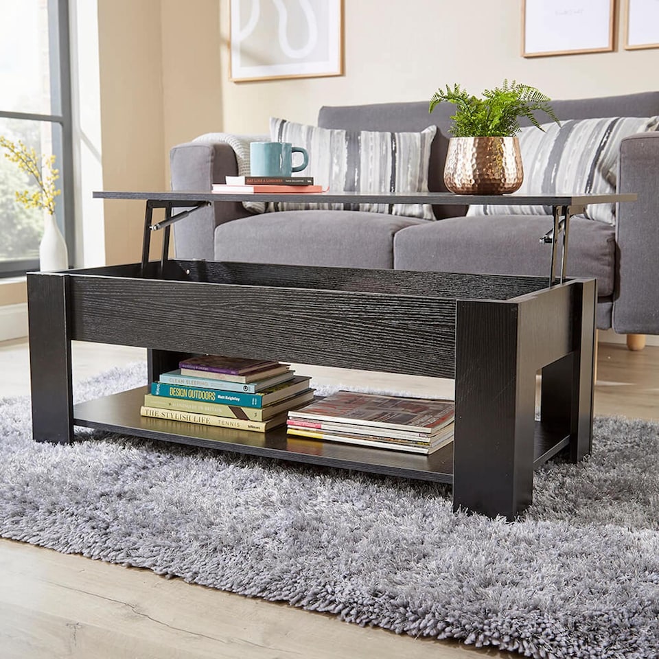image 1 of Wooden Coffee Table With Lift Up Top Storage Area and Magazine Shelf | Black