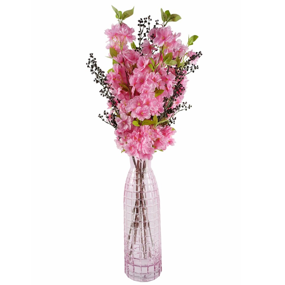 image 1 of Artificial 100cm Pink Artificial Blossom and Berries Glass Vase