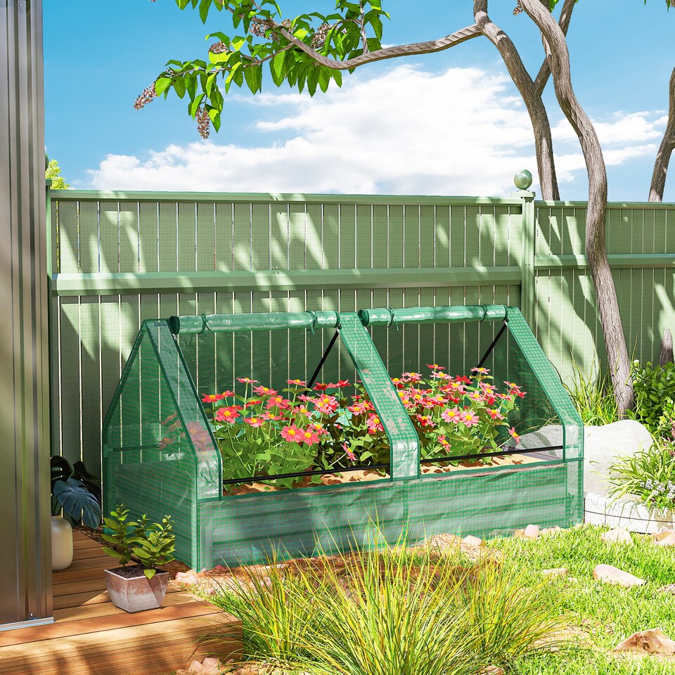 image 1 of Outsunny Raised Garden Bed Planter Box with Greenhouse, Green and Dark Grey