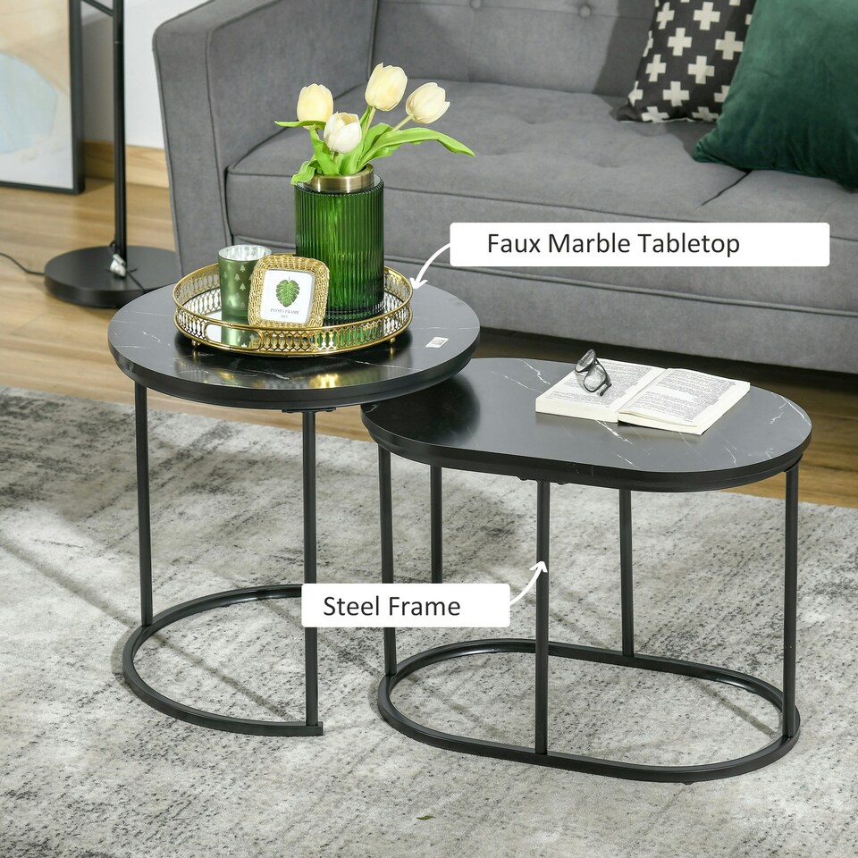 image 1 of HOMCOM 2 Pcs Modern Coffee Table with Faux Marble Side Accent Tables Black
