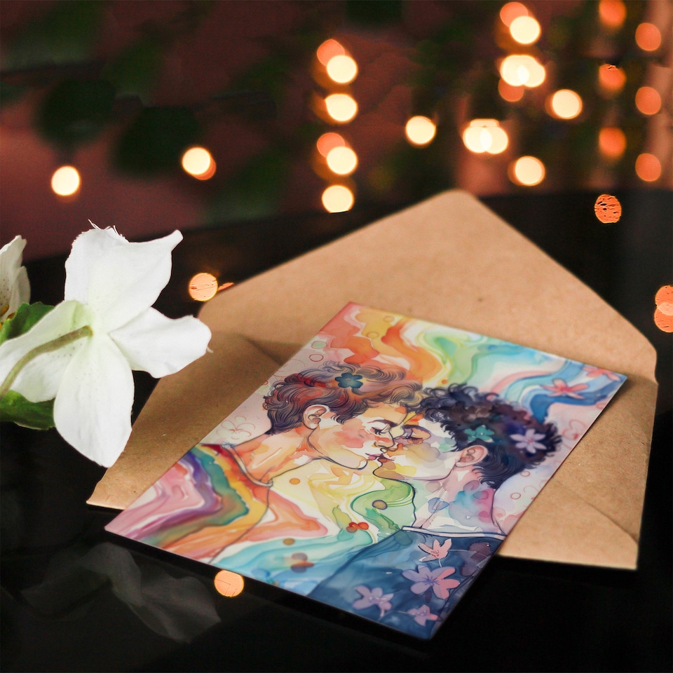 image 1 of Rainbow Love Pride Gay Couple Kiss Watercolour Birthday Card