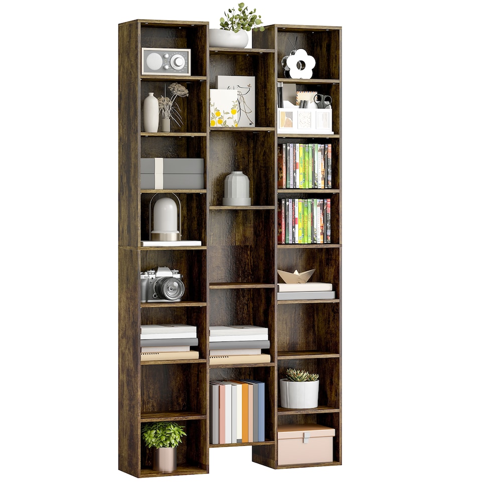 image 1 of HOMCOM 21-Cube Tall Bookcase, Modern Cube Book shelf with 10 Adjustable Shelves, Freestanding Multi-Functional Storage Unit for Living Room, Home Office, Bedroom, 181 x 89.5W cm, Rustic Brown | Brown | Rustic Brown