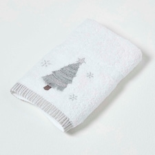 Homescapes Silver Christmas Tree Embroidered 100% Cotton Hand Towel | Multi
