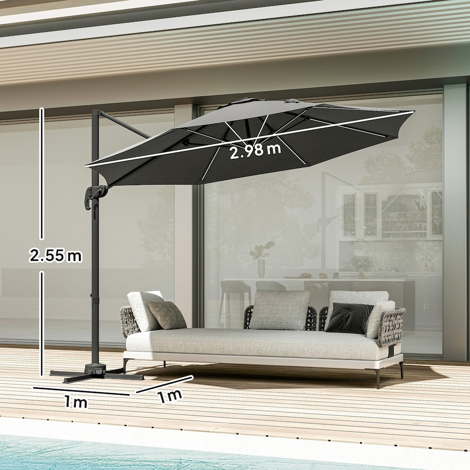 image 1 of Outsunny 3(m) Solar LED Cantilever Parasol Adjustable Garden Umbrella Dark Grey