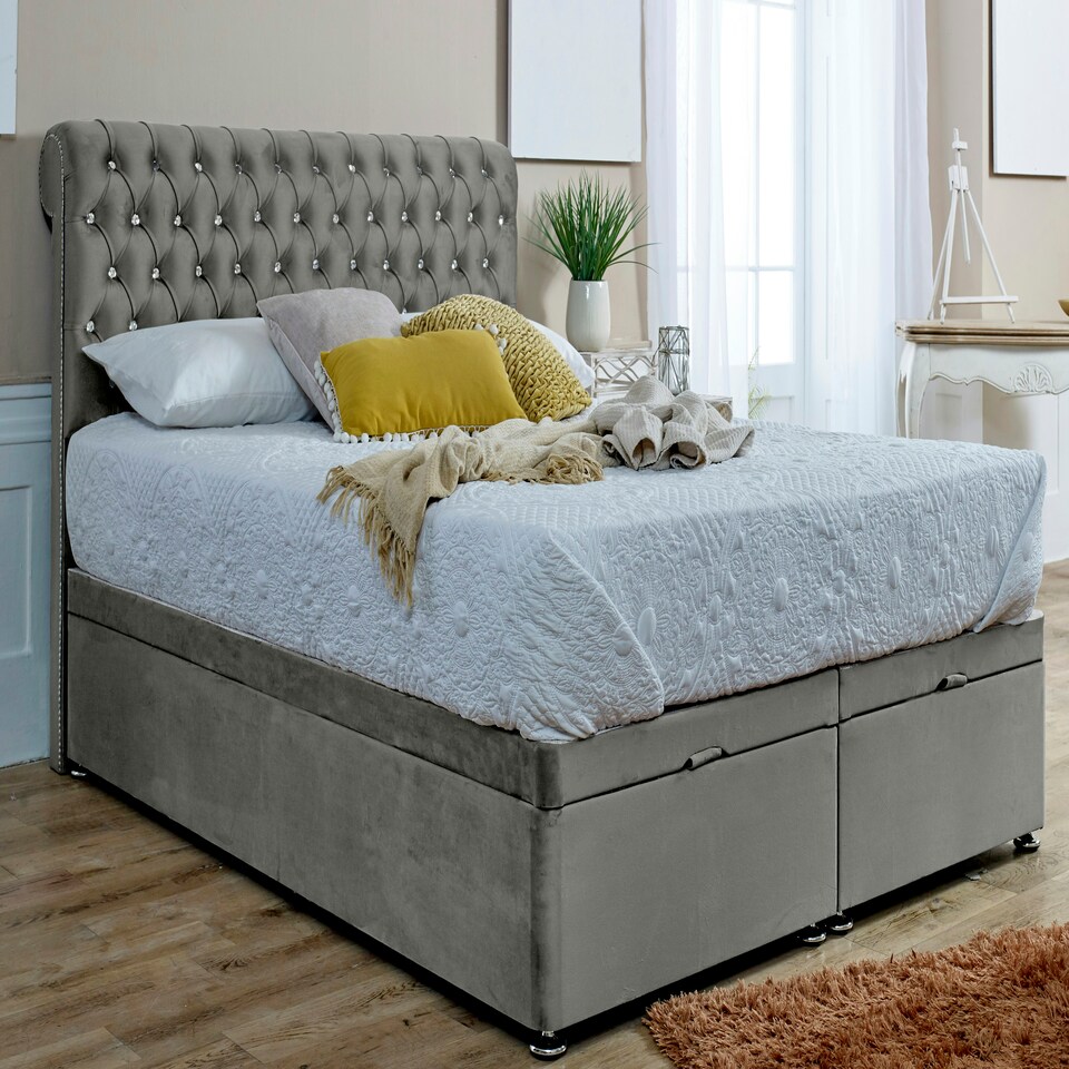 Santino Divan Ottoman Plush Single Bed Frame - Silver