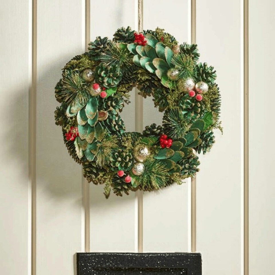 image 1 of 36cm Bauble and Pinecone Hanging Christmas Wreath with Red Berries