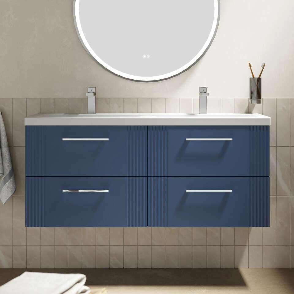 image 1 of Retro 4 Drawer Wall Hung Vanity Unit with Double Ceramic Basin - 1200mm - Satin Blue - Balterley Blue