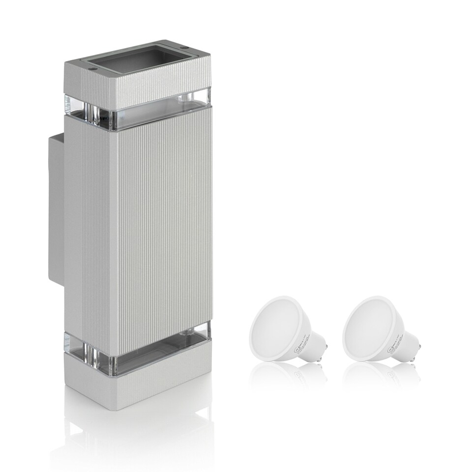 image 1 of Auraglow Outdoor Double Up & Down Wall Light - CHILTON | Silver | Silver/Cool White