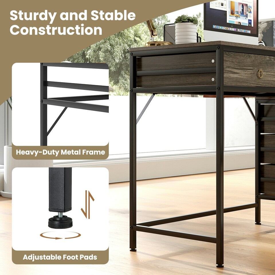 image 1 of COSTWAY Computer Desk with 5 Drawers and Side File Cabinet Grey Grey