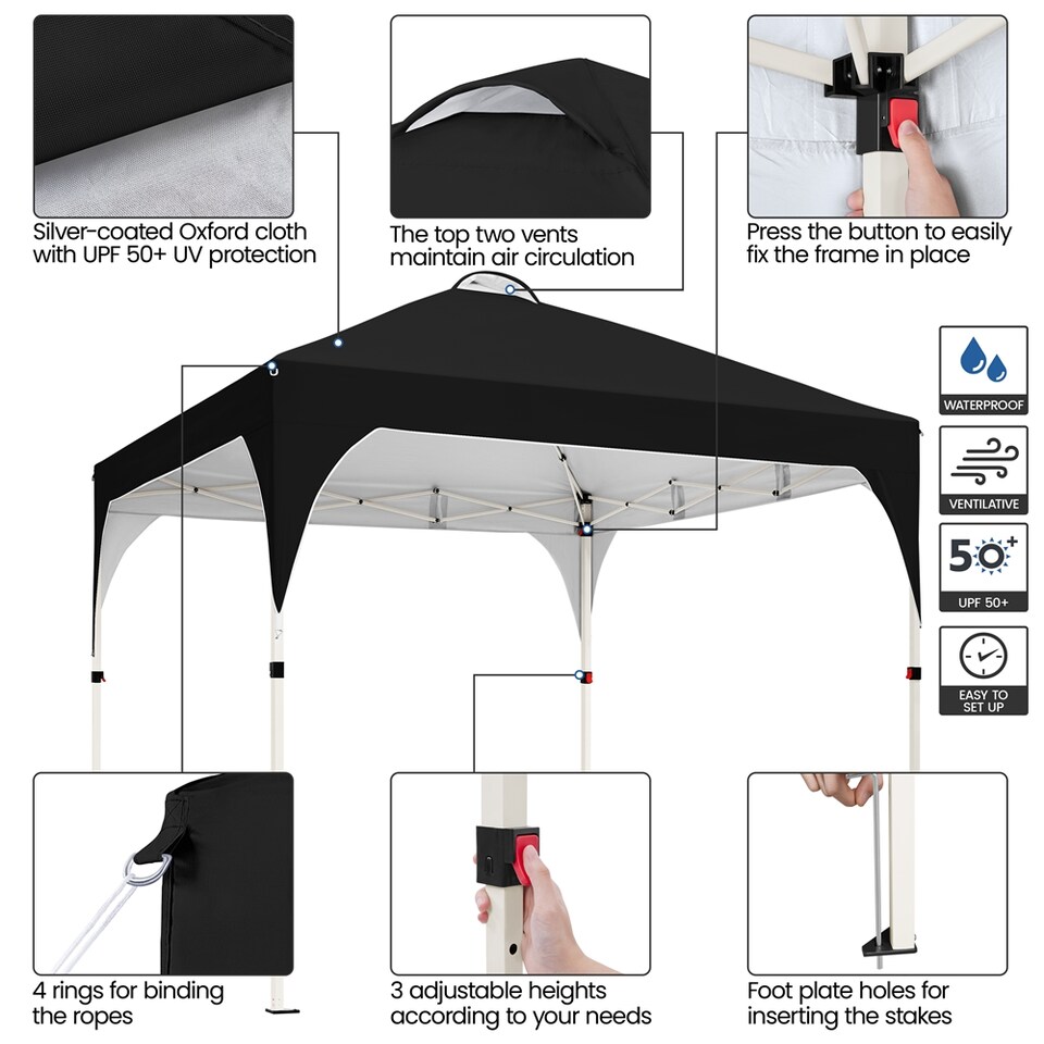 image 1 of Yaheetech 201 cm L x 201 cm W Pop Up Canopy Tent-Black | Black | Black | 201 cm L × 201 cm W × 243-263 cm H
