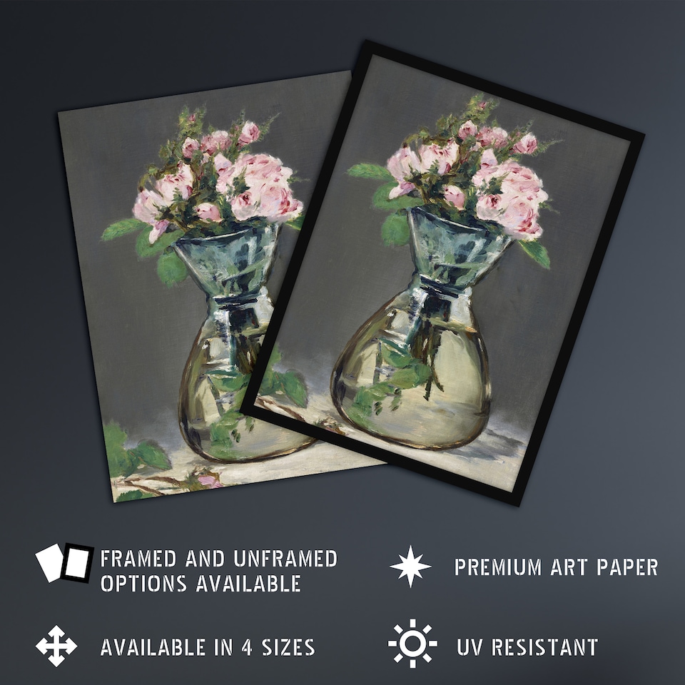 image 1 of Moss Roses in a Vase Oil Painting Manet Vintage Huge Wall Art Poster 24X32"
