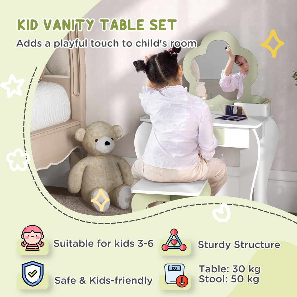 image 1 of ZONEKIZ Kids Vanity Table Set, Beauty Flower Design, for Ages 3-6 Years - White | White | 1 table, 1 stool