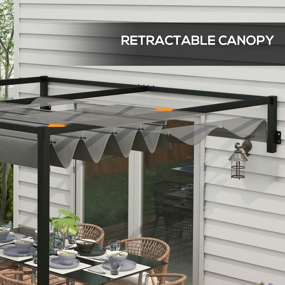 image 1 of Outsunny 2 x 3(m) Wall Mounted Pergola with Retractable Roof, Dark Grey