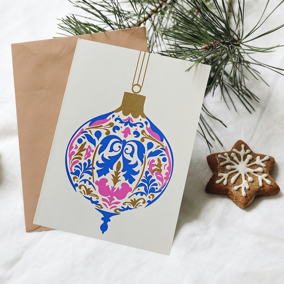 image 1 of Greeting Card Finial Art Nouveau Bauble Pink Blue Gold Modern Blank For Him Or Her Art Xmas Christmas Card