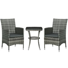 Outsunny 3 Pieces Rattan Bistro Set, Wicker Garden Furniture Set with 2 Tier Coffee Table and Chairs, Washable Cushions, for Outdoor Patio Balcony, Mixed Grey