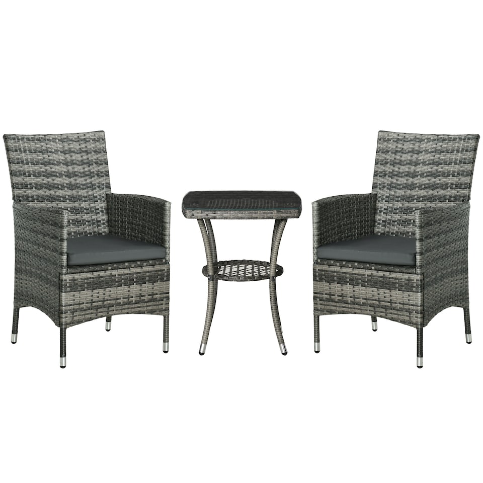 image 1 of Outsunny 3 Pieces Rattan Bistro Set, Wicker Garden Furniture Set with 2 Tier Coffee Table and Chairs, Washable Cushions, for Outdoor Patio Balcony, Mixed Grey