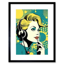 Retro Fun 1950s Woman Telephone Headset Comic Book 9x7" Black Framed Wall Art Print