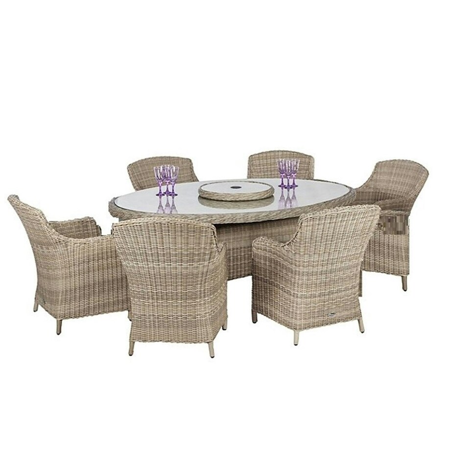 image 1 of 6 Seater Garden Furniture Set - 7 Piece - Deluxe Rattan Oval Imperial Dining Set - 200x145cm Table + 6 Chairs Includes Cushions