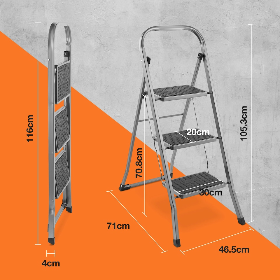 image 1 of VonHaus 3 Step Steel Folding Step Ladder with Anti Slip Feet