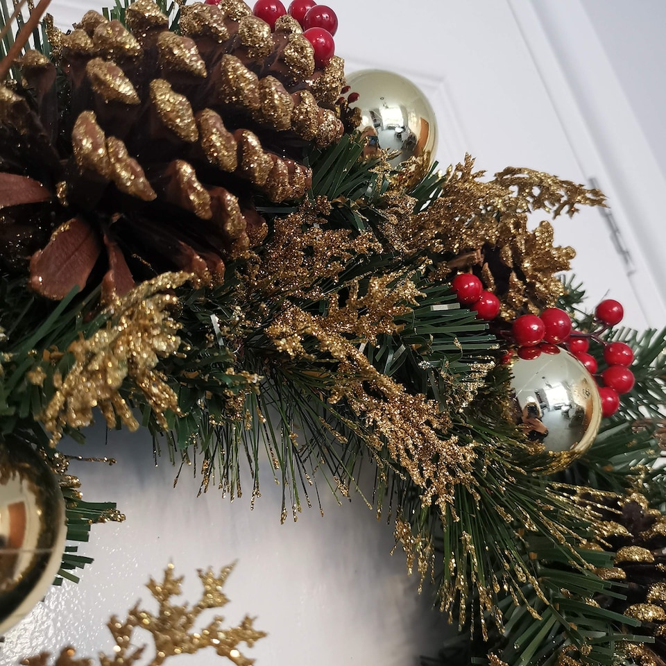 image 1 of 40cm Gold Dressed Christmas Wreath, Baubles, Pinecones and Berries