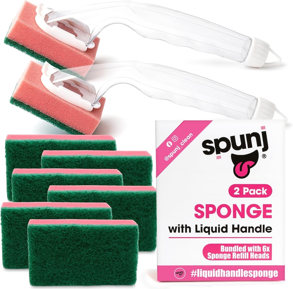image 1 of spunj 2pk Liquid Handle Sponges with 6 Refill Heads – Built-In Soap Dispenser for Easy Dishwashing & Replaceable Heads