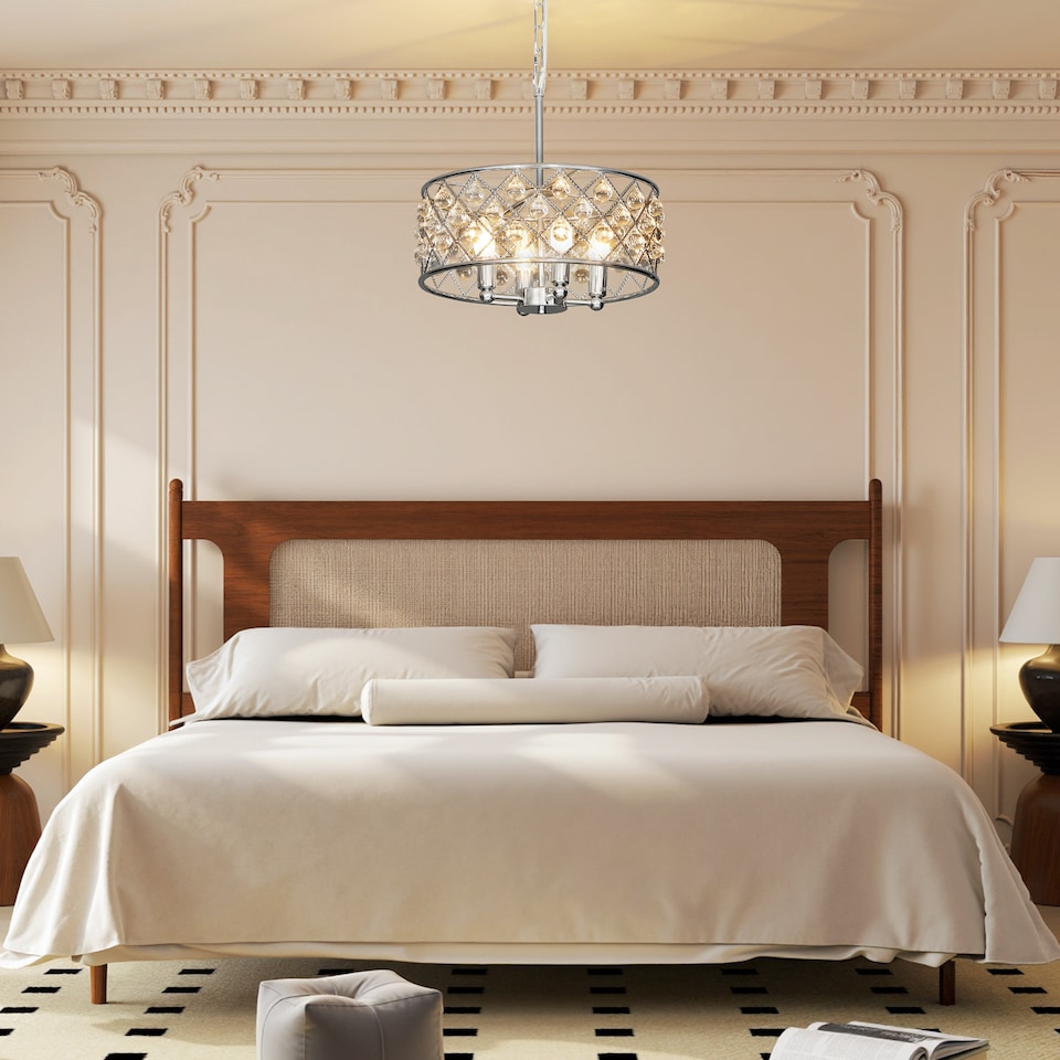 image 1 of HOMCOM Crystal Chandelier with Adjustable Height, 4-Light Modern Flush Mount Ceiling Light, Hanging Chandelier with E14 Base for Living Room, Bedroom, Dining Room, Bulb Not Included, Silver Tone | Silver