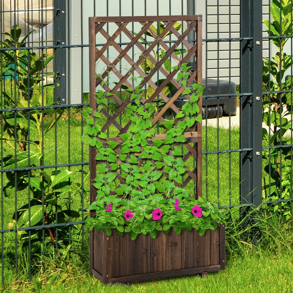 image 1 of Outsunny Flower Stand Plant Shelf Outdoor Pine with Trough Planter