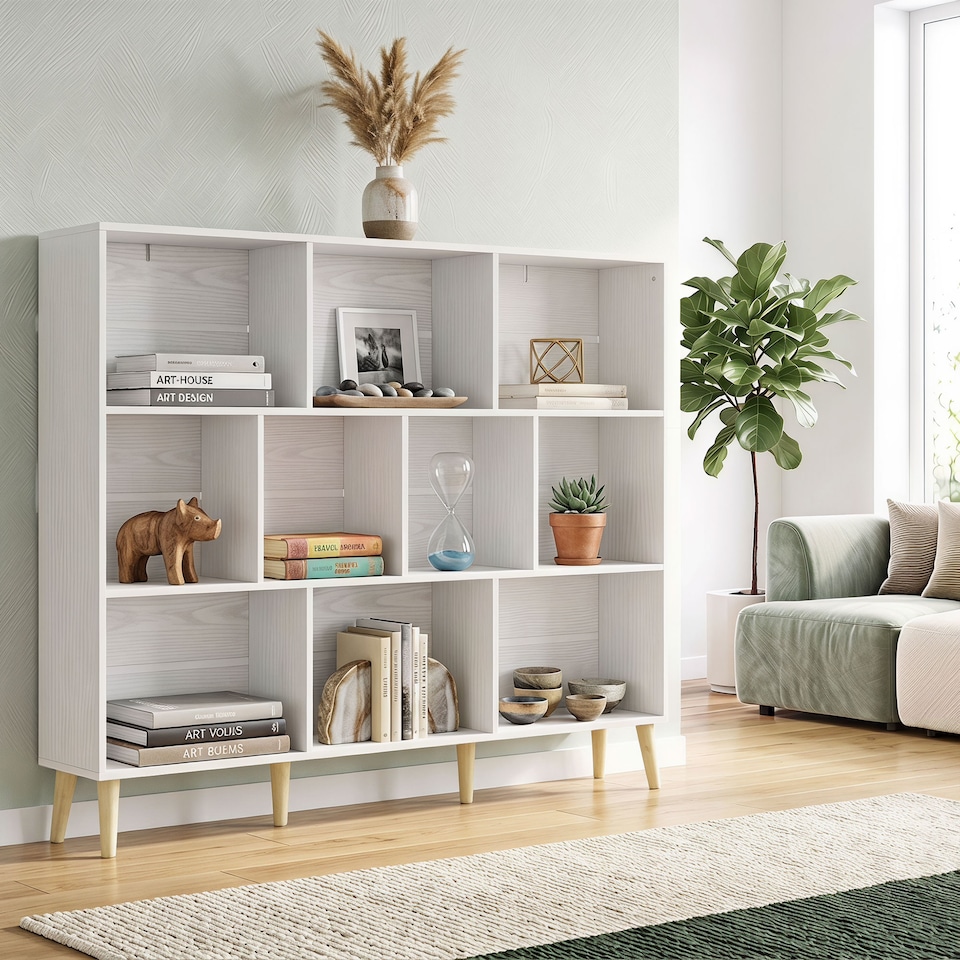 image 1 of HOMCOM Bookshelf with 10 Cubbies, 3-Tier Book Shelf with Wood Legs, White