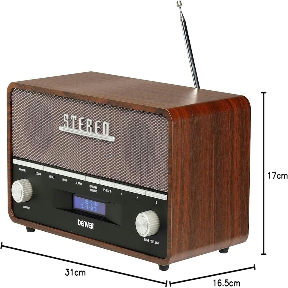 image 1 of Large Vintage Style DAB/DAB+ & FM Radio – Bluetooth – High Contrast Large Screen - AUX In – Clock & Dual Alarm – Real Wood Cabinet – 2x5W – Mains or Battery