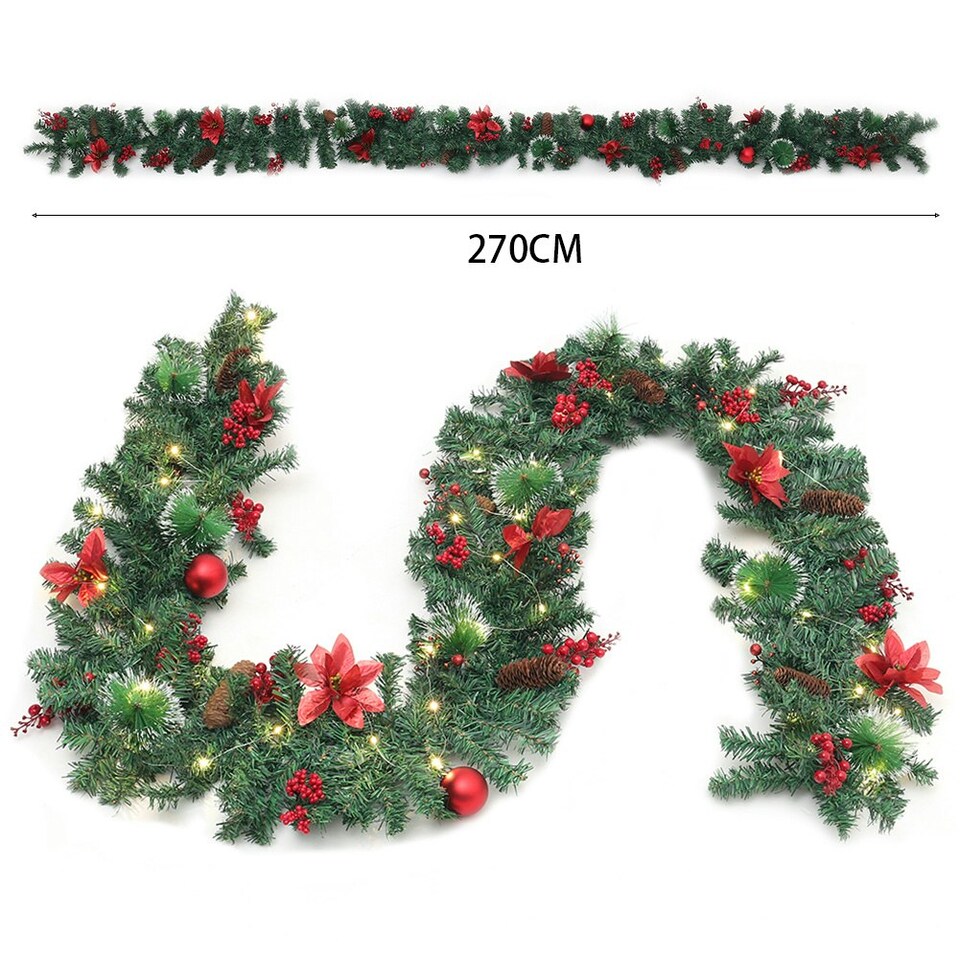 image 1 of Living and Home 2.8m LED Light Poinsettia Christmas Garland Decor - Blossom * snow