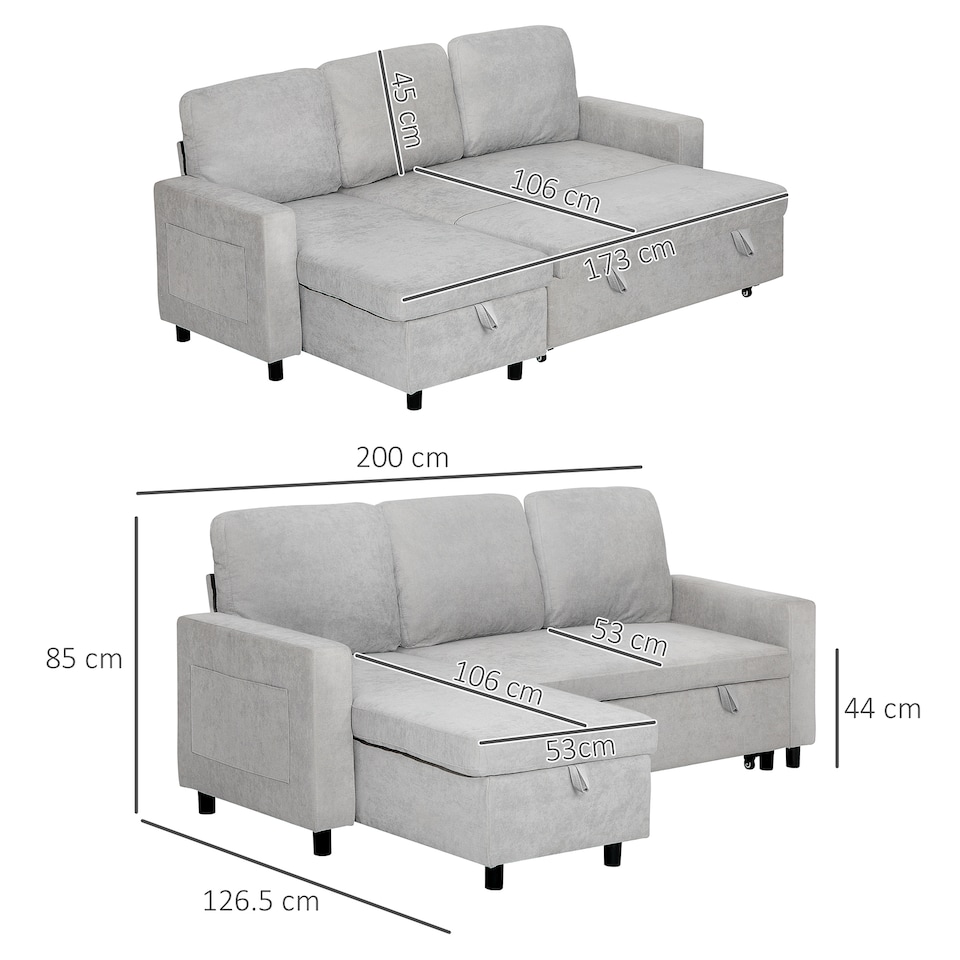 image 1 of HOMCOM Pull Out Sofa Bed L Shape Corner Sofa w/ Reversible Chaise Light Grey
