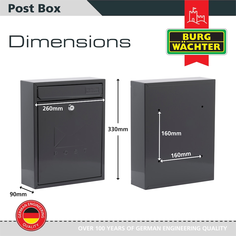 image 1 of Burg-Wachter Anthracite Compact Wall Mounted Galvanised Steel Post Box - 26x33x9cm | Black | Anthracite