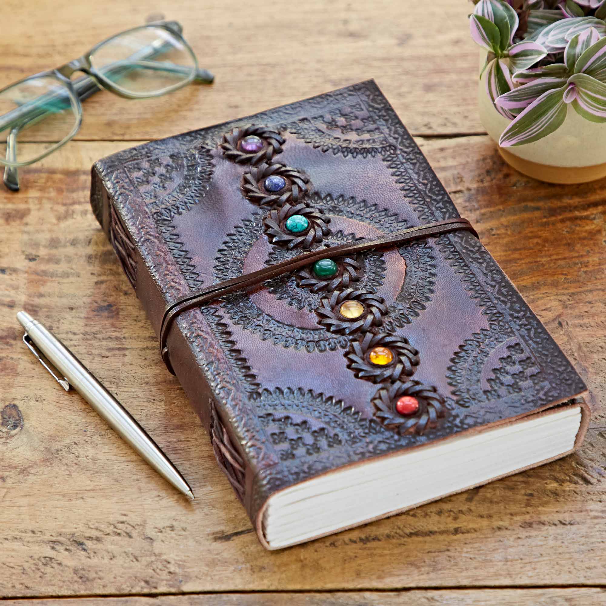 Paper High Indra Chakra Embossed Leather Journal with Semi-Precious Stones in Brown