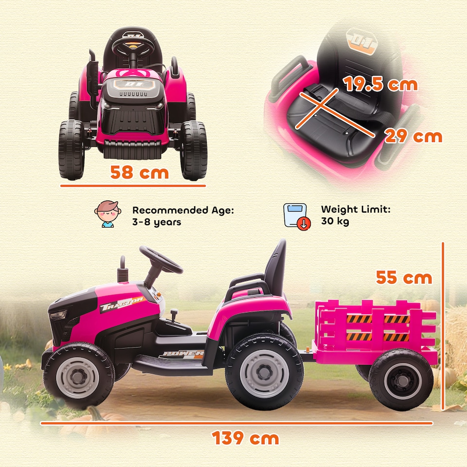image 1 of AIYAPLAY Ride on Tractor with Trailer, 12V Electric Vehicle with Remote Control, Ride on Car for Kids with Music, Shifter, Start-Up Sound for Ages 3-8 Years | Pink