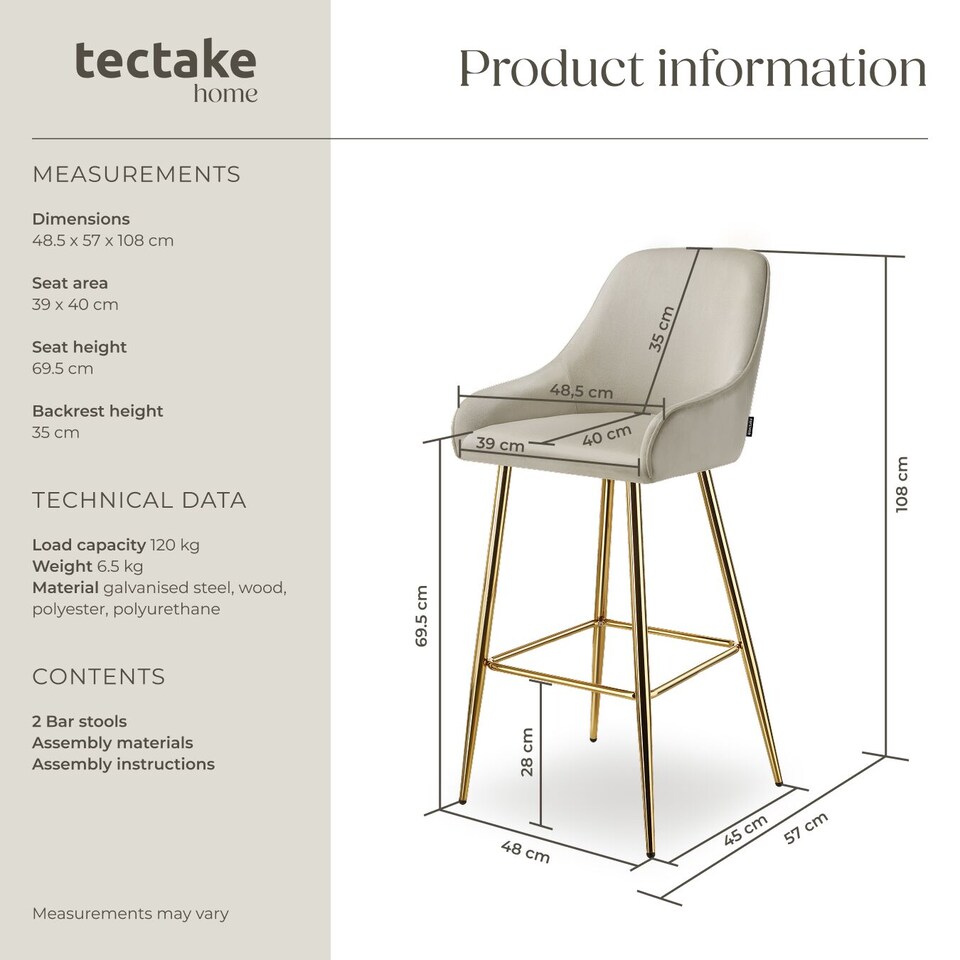 image 1 of Bar Stool Avane - with backrest, upholstered, velvet look | Cream | cream/gold | 57 x 48,50 x 108 cm | 2