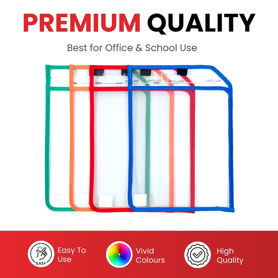 image 1 of Pack of 4 Assorted Coloured Edge Clear Dry Erase Write and Wipe Reusable Sleeve Pockets